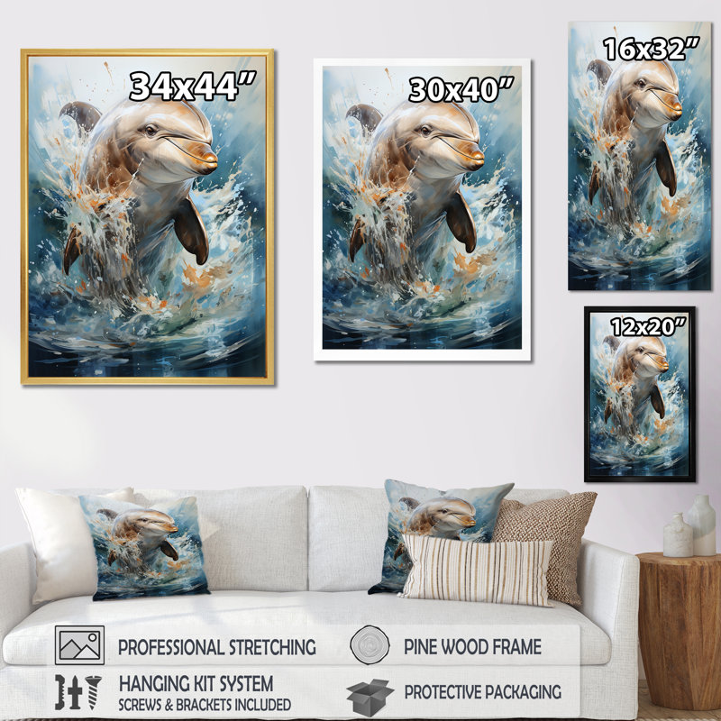 Dolphin Elegance - Art mural dauphin, H 44 po x l 34 po x P 1,5 po, Cadre simple noir