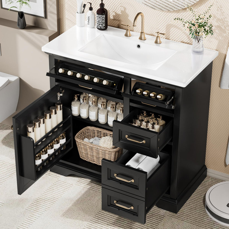 Meuble-lavabo 36 po avec lavabo en céramique, Noir et or