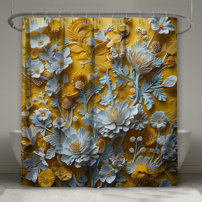 Yellow Blue Flowers Shower Curtains Extra Long