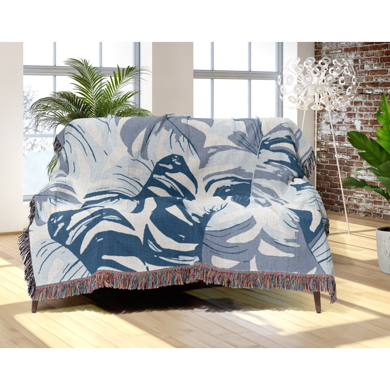 Jeté en coton Monstera, Bleu, 50 x 70