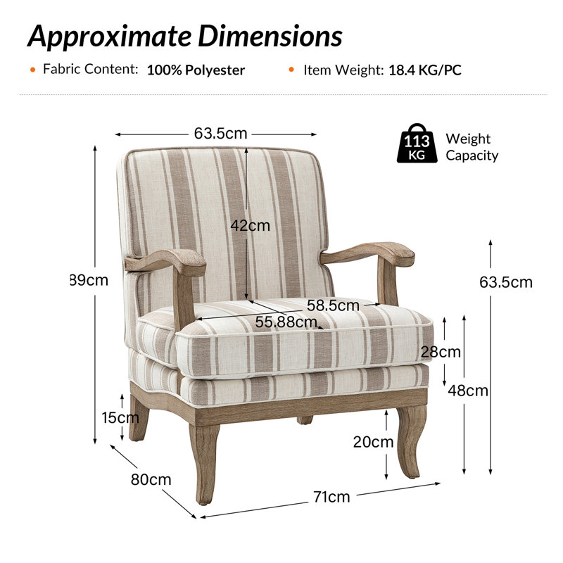 Peppone Country Wooden Upholstered Armchair with Solid Wood Armrests