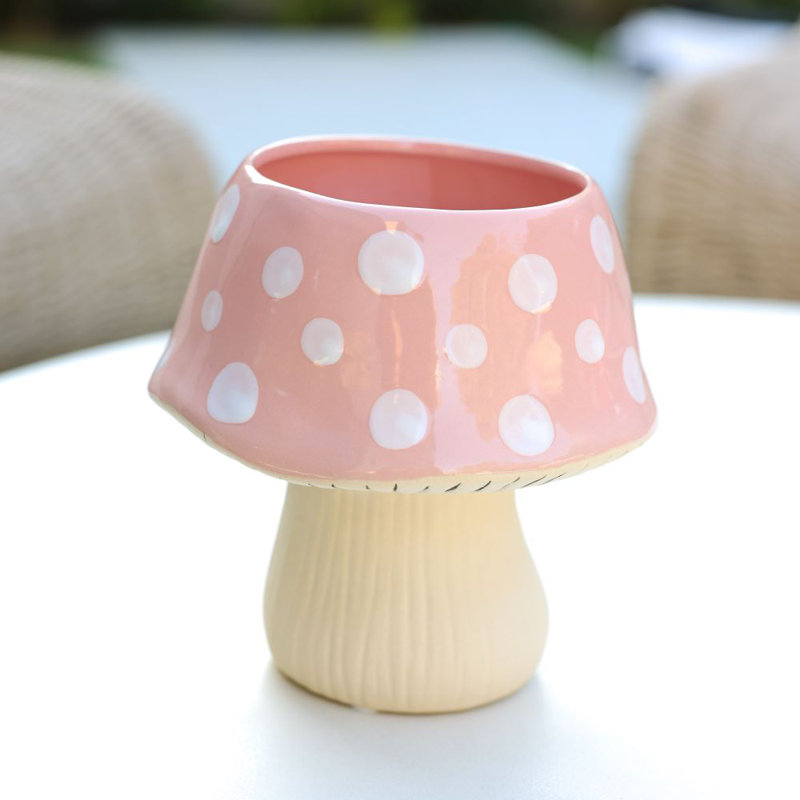 7"D Ceramic Mushroom Pot, Pink/White