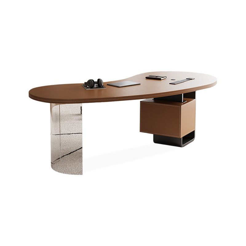 Bureau à 2 tiroirs brun noisette + bois massif noir + fer + acrylique + Barenia, H 29,53 po x l 62,99 po x P 30,31 po