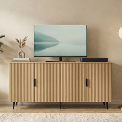 64.8" Natural Oak Fluted TV Stand with Storage Cabinet, Scandinavian Wood Media Console for TVs up to 75"