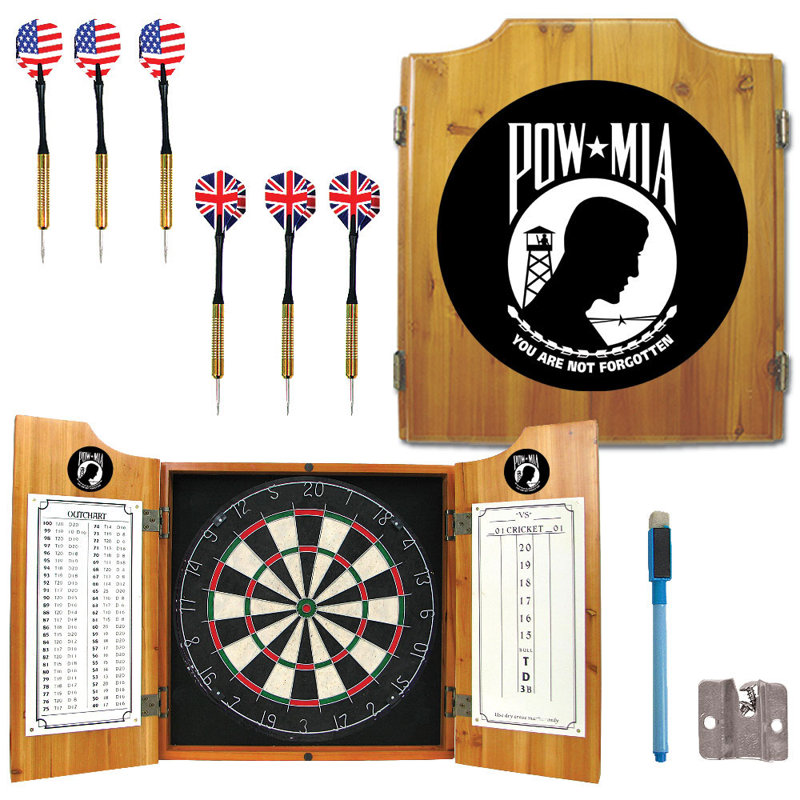 POW MIA Pine Wood Dartboard Cabinet Set with Darts