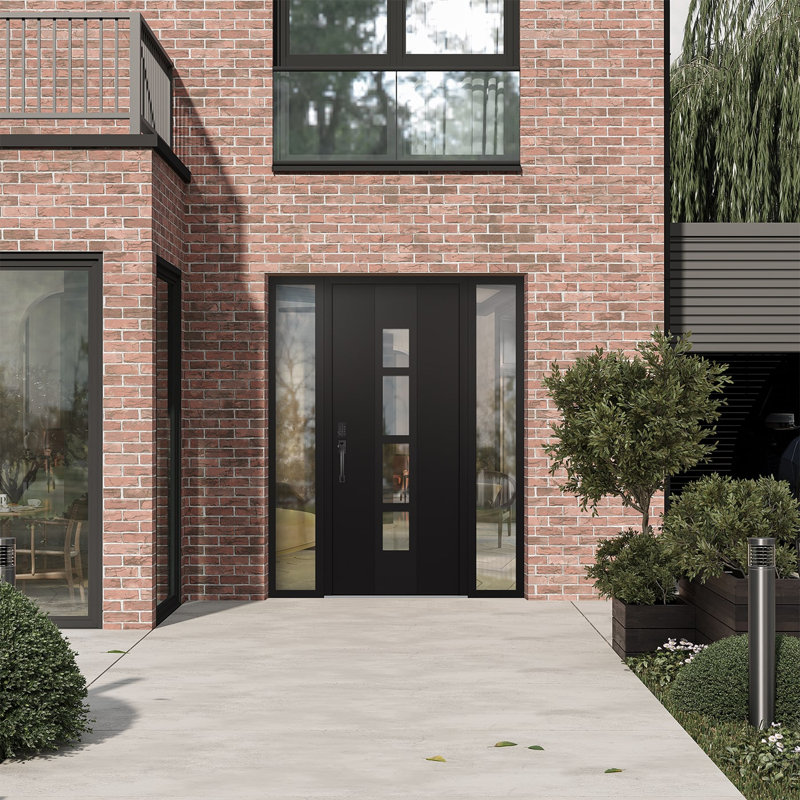 Porte d'entrée pré-suspendue à panneau en acier noir Diamond A10 avec deux panneaux latéraux, Droite / vers l'intérieur