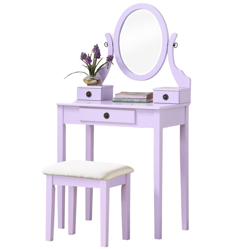 Purple Wood Vanity Table And Padded Stool With 3 Drawer Storage Mirror Modern 3 Adjustable Enticement, Purple
