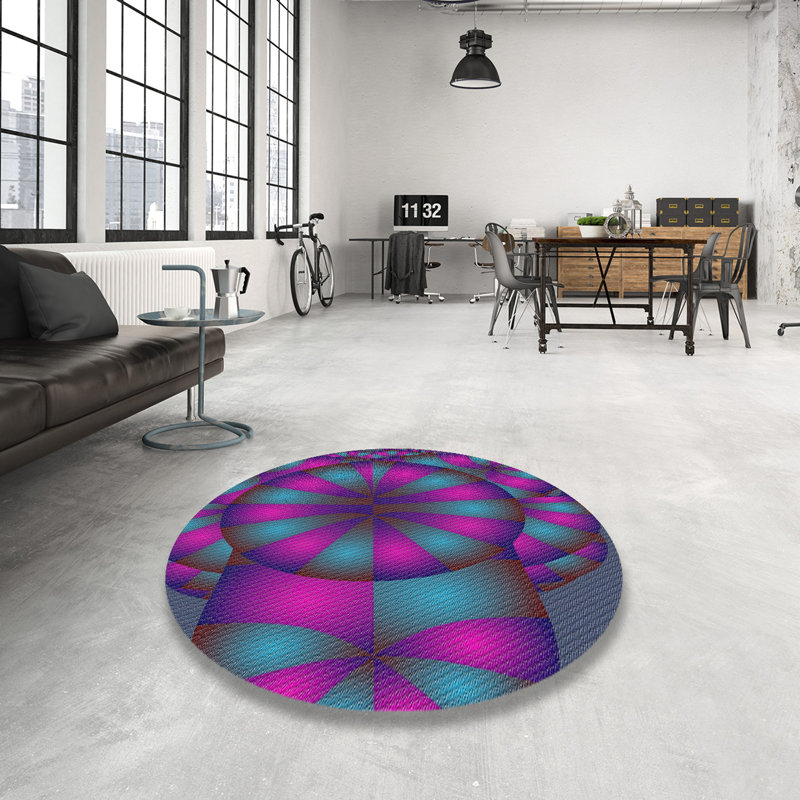 Tapis bleu rose/aqua tissée à la machine, Rond 3 pi