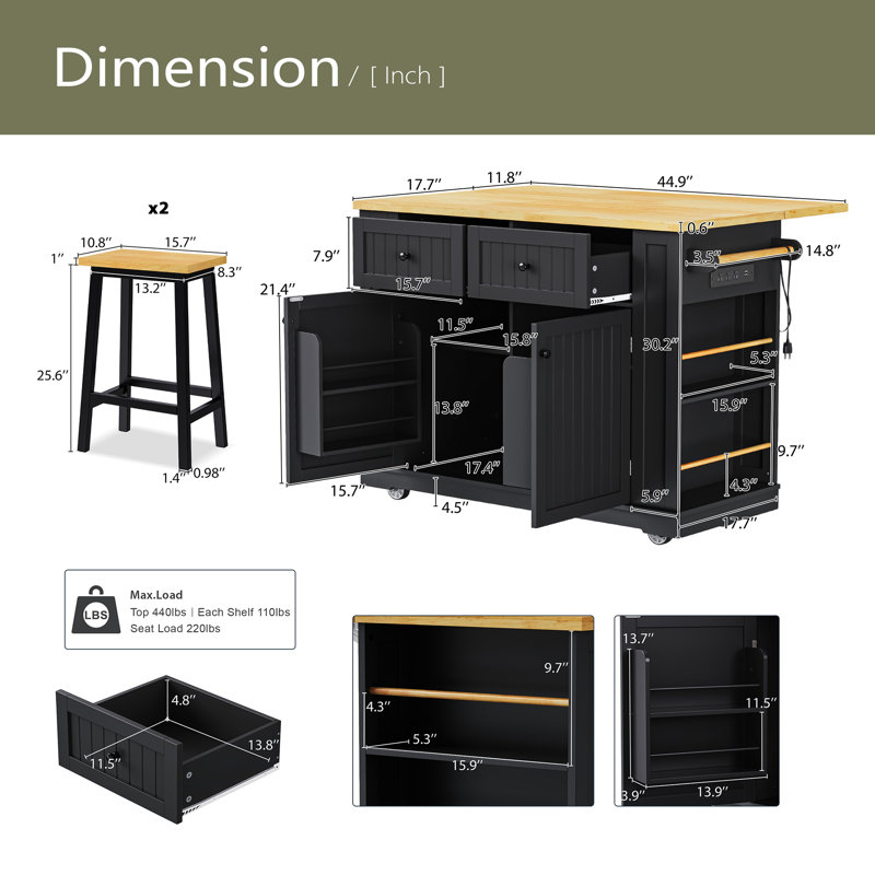 Grand îlot de cuisine 48 pouces avec 2 tabourets de bar, prise de courant, support de rangement interne pour porte