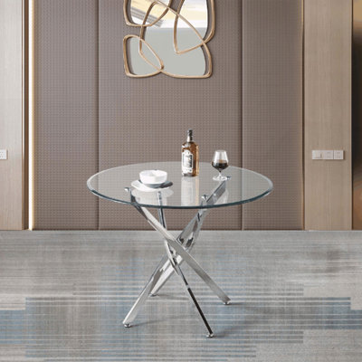 Table de salle à manger ronde contemporaine en verre - pieds en acier inoxydable argenté et verre trempé de 0,39 po