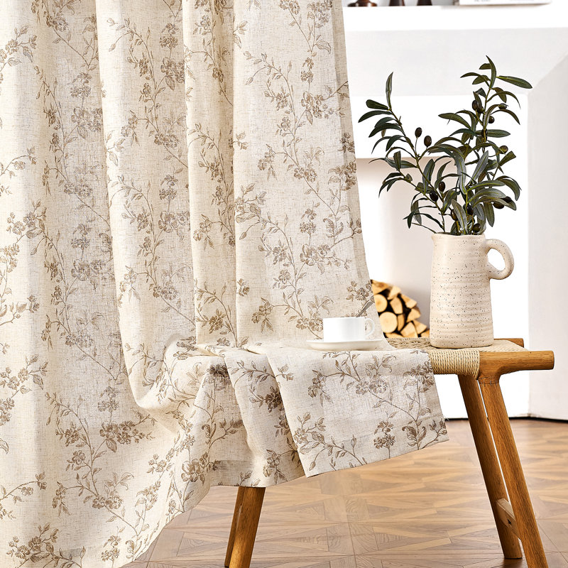 Semi Sheer Linen Blend French Floral Printed Rod Pocket Curtain Pair, 50" W x 84" L, Taupe