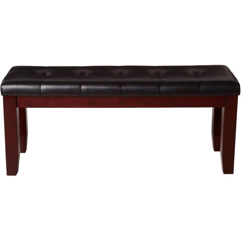 Banc 1Pc moderne avec siège d'aspect cuir capitonné capitonnage pieds en bois meubles de chambre à coucher finition brun cerise