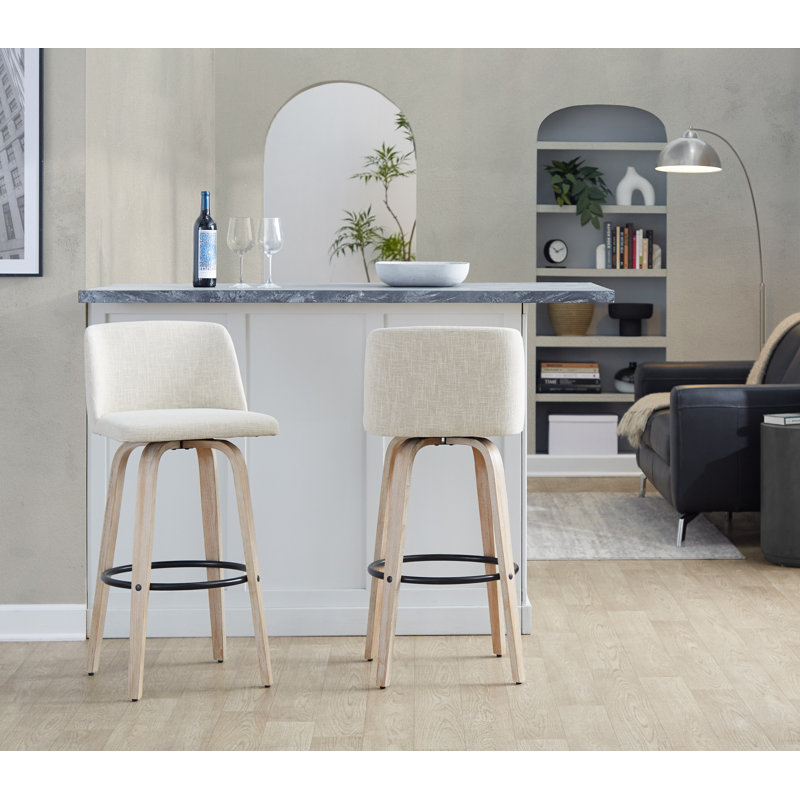 Tabourets de bar 30 po à hauteur fixe Thea avec pieds en bois cintré et repose-pieds rond Thea, Mélange de polyester crème