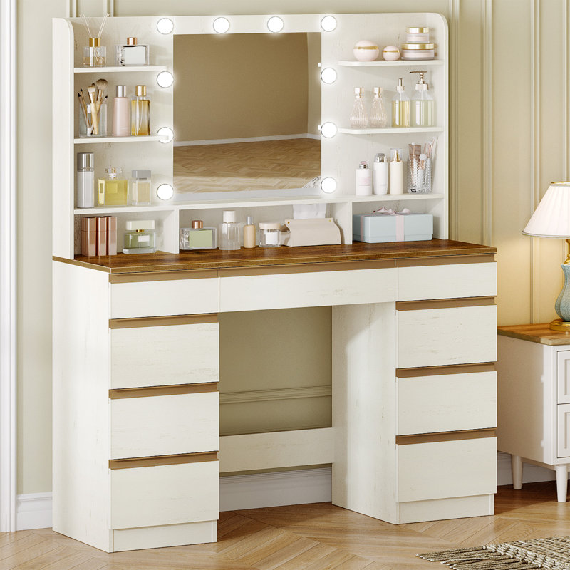 Dressing Table with Bulb/LED Light, Vanity Desk with 1 Large Drawer and 8 Small Drawer Cabinets, Adjustable Brightness, Large HD Mirror, 9 Open Storage Areas