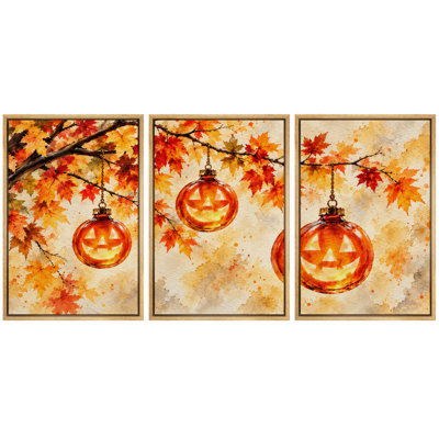 Moody Gothic " Halloween Pumpkin Ornament Autumn Leaves Artwork, Living Room Pictures, Framed Canvas Giclee Print 3 Pieces Wall Art - 16"x24"x3pcs, 24"x36"x3pcs " Print