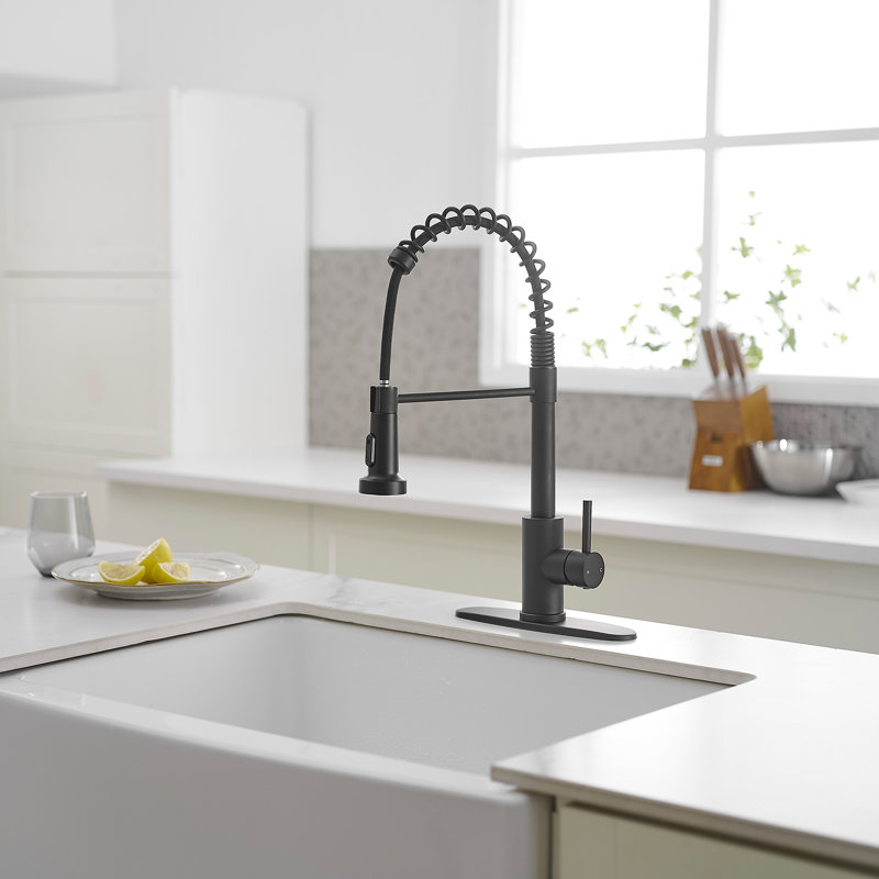 Single-Handle Pull-Down Sprayer High Arc Kitchen Faucet With Deck Plate, Matte Black