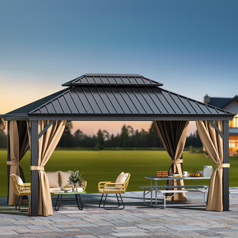 Hardtop Double-Roofed Aluminum Patio Gazebo Multiple Sizes, 16 ft x 12 ft, Brown