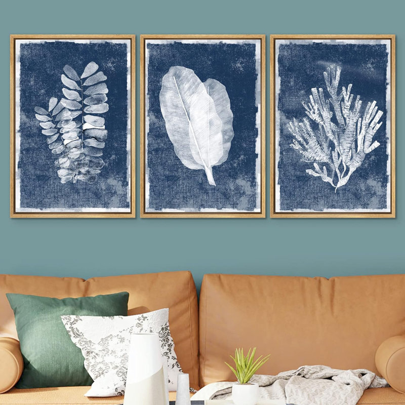 Minimal Botanical "Blue Jungle Leaves, Nautical Ocean Coral Pictures Canvas Print 3 Pieces Wall Art, Natural Floater Framed