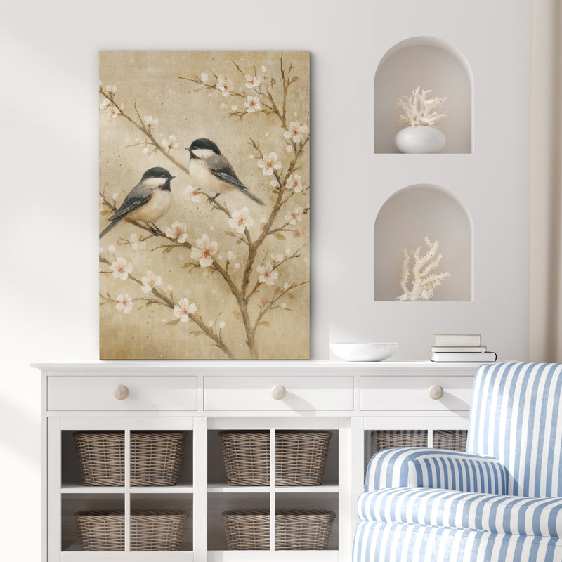 Chickadee Birds on Blooming Branches in Soft Neutral Tons - Art encadré sur toile, H 18 po x l 12 po x P 1,5 po, Toile tendue