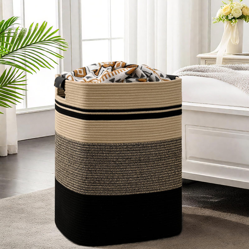 Large Laundry Hamper, 85L Tall Woven Clothes Basket With Leather Handles - Cotton Fabric Storage Organizer For Bedroom, Nursery, Laundry Room, Collapsible Rectangle Dirty Clothes Bin