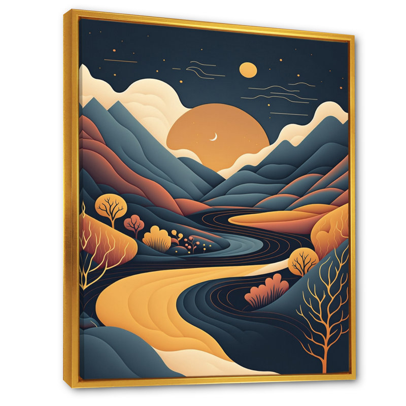 Lune orange sur fond de montagnes bleues - impressions sur toile, H 40 po x l 30 po x P 1,5 po, Toile avec cadre flottant or