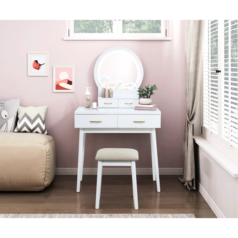Modern White Vanity With 4 Drawers, Led Lighted Mirror And Matching Stool For Bedroom Storage Luxury Furniture: