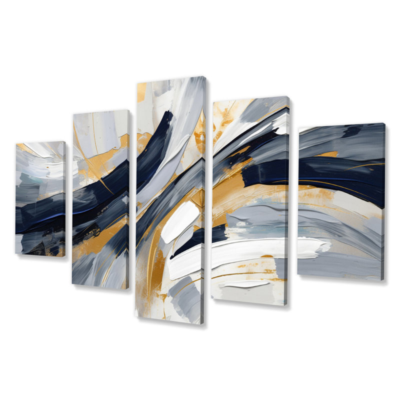 «Grey and Gold Transcendent Impressions V», reproduction d'art abstrait de formes abstraites - 5 panneaux