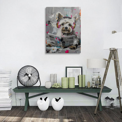 Funny Dog Reading Newspaper Canvas Wall Art, Graffiti Style Bathroom Wall Decor, Cute Pet Artwork For Bathroom, Laundry Room & Dog Groomer Home Decoration