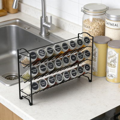 3 Tier Spice Rack Organizer With 24 Glass Jars, 396 Labels, Funnel & Chalk Marker | All-In-One Kitchen Storage Set For Cabinet, Countertop Or Wall Mount