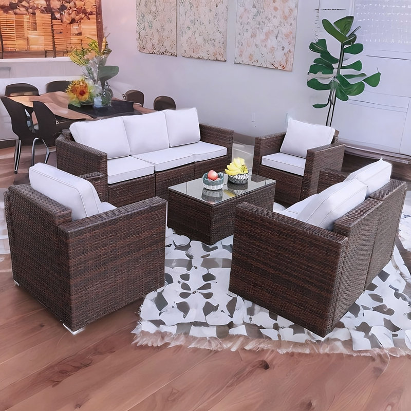 Ensemble de conversation avec canapé en rotin 8 pièces et coussins 8 pièces, Brun
