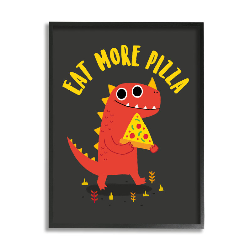 «Eat More Pizza Red Dragon Dinosaur» par Michael Buxton - impression, L 11 po x H 11 po, Giclée encadrée noir minuit