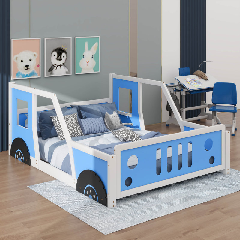 Lit plateforme double avec roulettes, Bleu