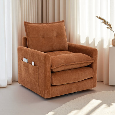 Swivel Barrel Chair - Mid Century Modern Chair, Thick Padded Arm Chair with Solid Metal Base, Comfortable Single Sofa Chair, Swivel Accent Chair for L
