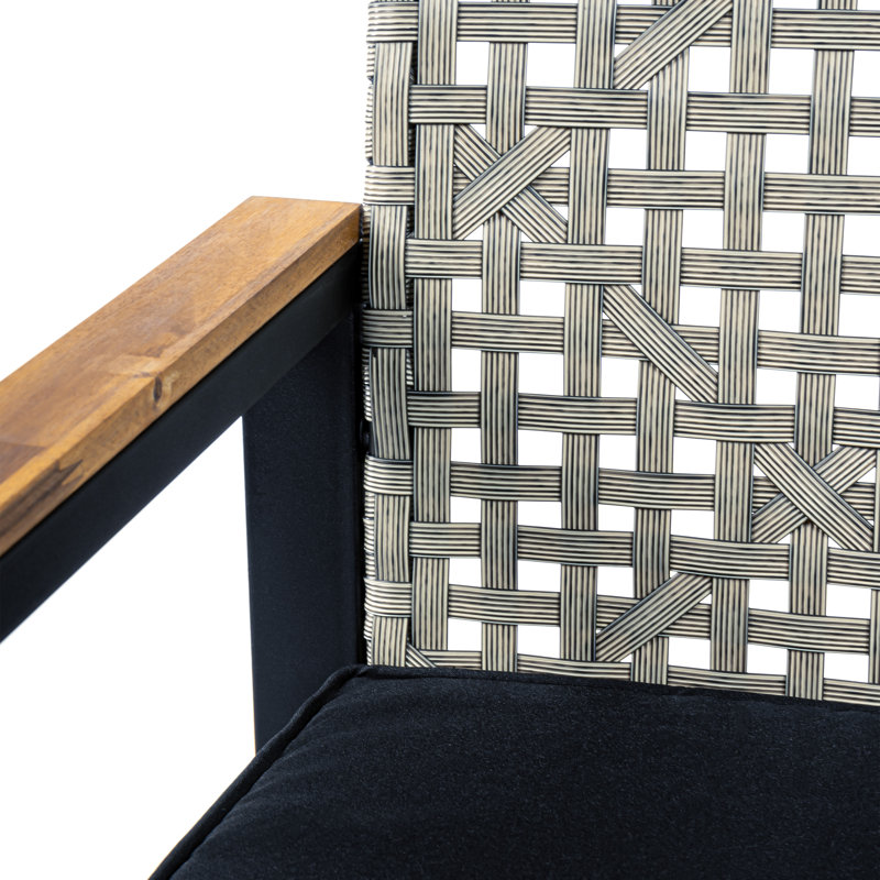 Ensemble de conversation d'extérieur en rotin PE tissé blanc 4 pièces avec table en bois d'acacia, structure en métal noir et coussins noirs Wilder