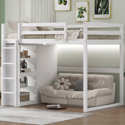Full Size Space-Saving Loft Bed, Wood  With Built-In Wardrobe And Storage Shelves, Led Light