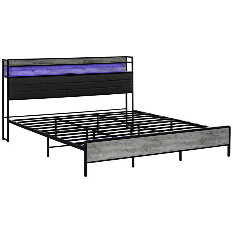 Bed Frame With Headboard, Platform Bed Frame With LED Lights, Charging Station, 3-Tier Storage Shelf, Steel Slats, Easy Assembly & Noise-Free With No Box Spring Needed, Walnut