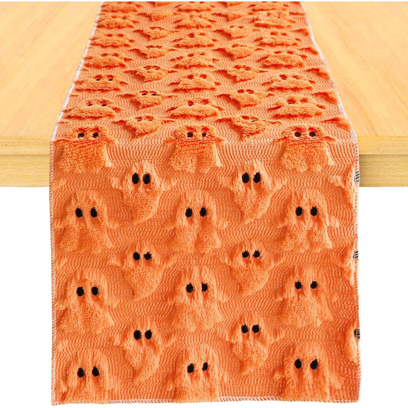 Halloween Ghost Table Runner 13×72 in, Soft Plush Table Cloth Spooky Fall Dining Kitchen Party Indoor Decoration (Orange)