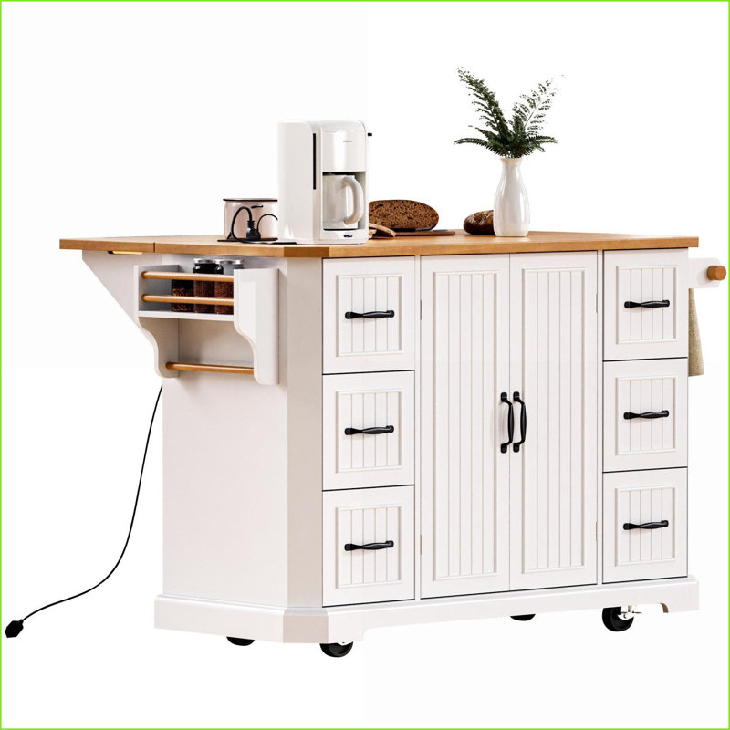 Îlot de cuisine avec abattant, prise de courant et amp; Rangement - Chariot roulant en placage de bois d'hévéa blanc 56 po | Ferme | Blanc