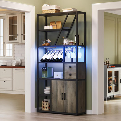 Wine Bar Cabinet With LED Lights, Power Outlets, Wine Rack