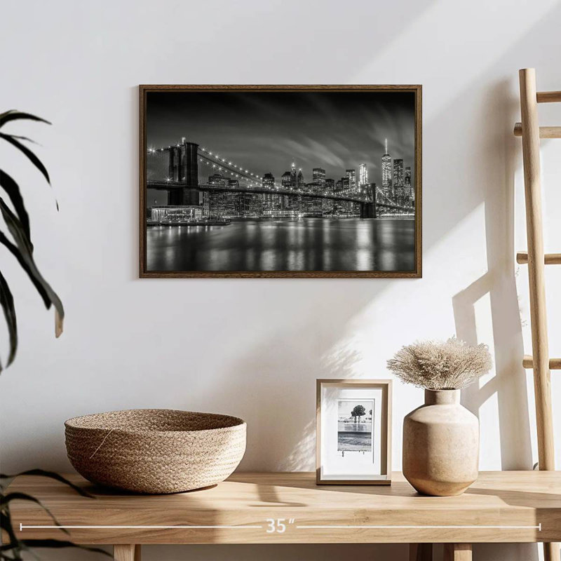 Brooklyn Bridge Nightly Impressions, 19 po x 13 po, Cadre flottant noyer