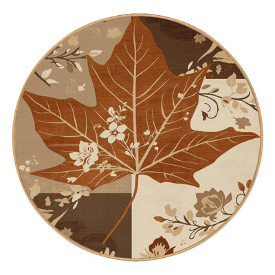 Tapis floral moelleux et moelleux à motif feuille d'érable en brun - reliure brun clair
