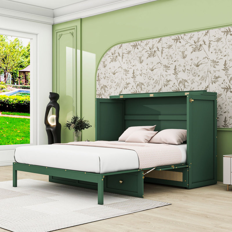 Lit escamotable en bois avec tiroirs, Grand, Vert