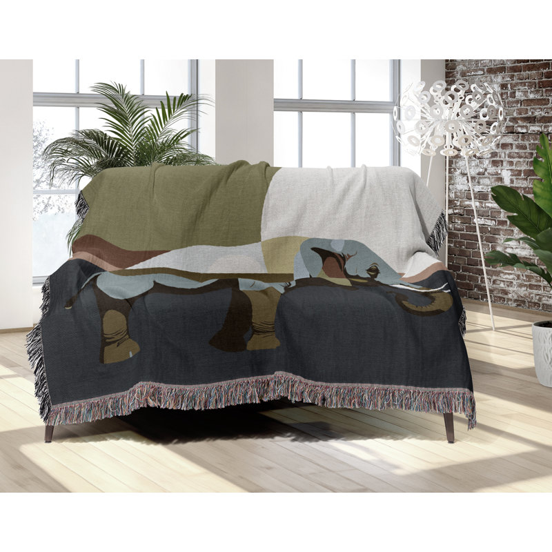 Jeté en mélange de coton éléphant Carney, L 80 po x l 60 po, Bleu / gris / chartreuse