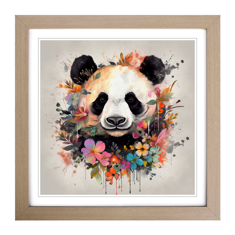Panda Floral Art - Framed Print, Oak