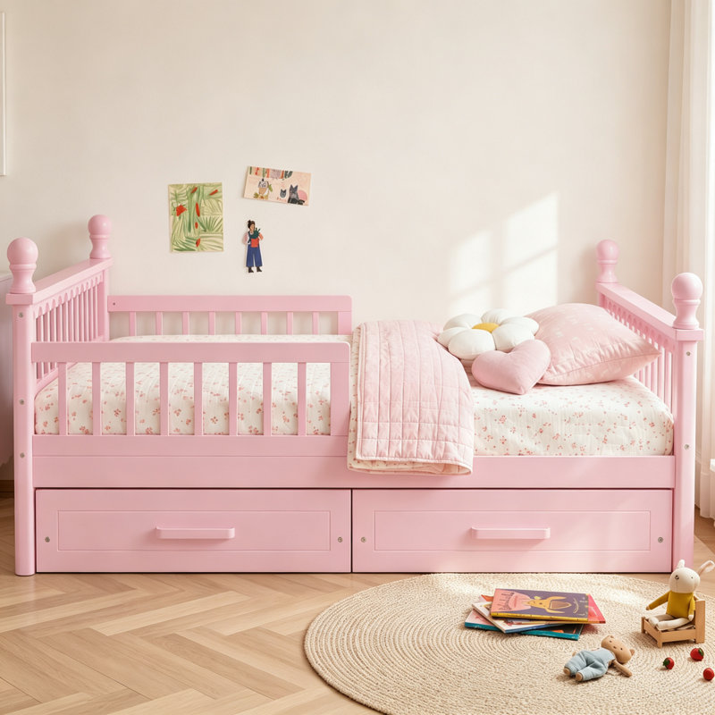 Structure de lit pour enfant pleine grandeur avec 2 tiroirs de rangement sous le lit, lit plateforme en bois avec garde-corps de sécurité, conception à profil bas, système de support à lattes robuste, aucun sommier nécessaire, rose