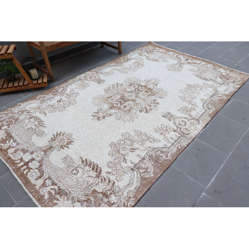 Grand tapis turc Oushak tissé à la main idéal pour la chambre à coucher ou la salle à manger en blanc rétro