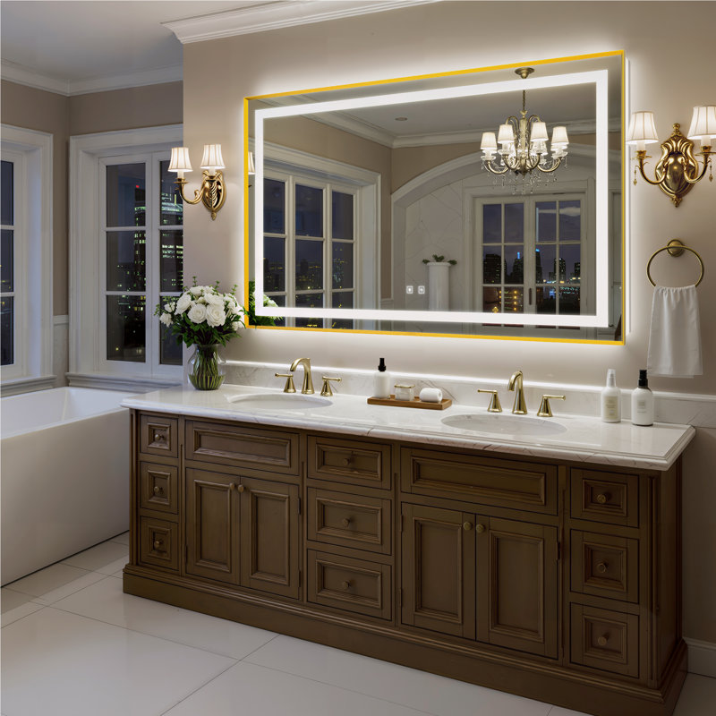 Bathroom LED Mirror Brushed Gold Metal Frame Frontlit & Backlit Vanity Mirror Anti-Fog Stepless Dimmable 3 Colors Wall-Mounted
