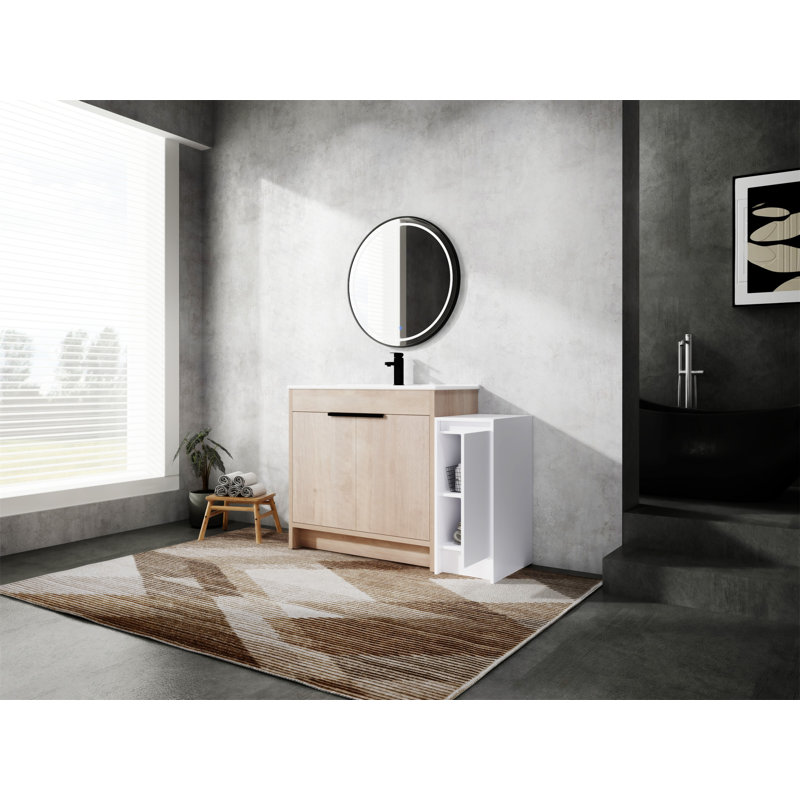 Meuble-lavabo autoportant avec lavabo en céramique et armoires de rangement, Blanc brillant / chêne clair clair