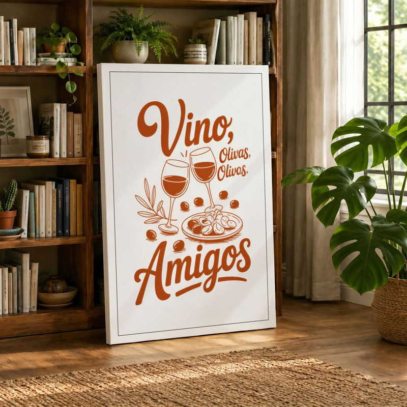 Vino, Olivas, Amigos Typography - Wrapped Canvas, 36x24 - 91.4 x 61.0 cm, Sage Border