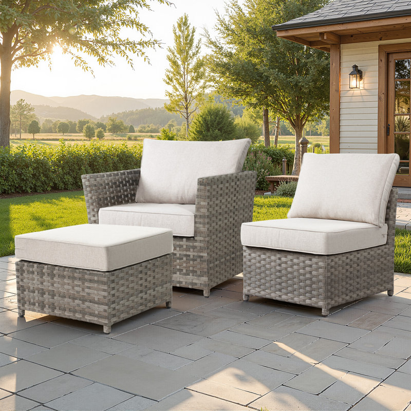 Chaises d'extérieur en osier avec coussins et repose-pieds sans assemblage, Crème